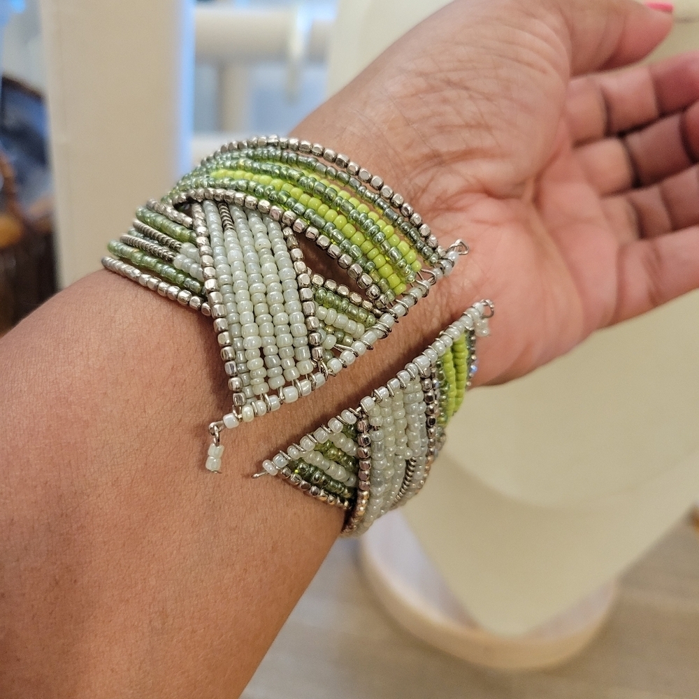 Afrocentric Beaded Cuff Bracelet • Green & Silver